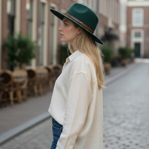 Free People Green Wool Felt Rancher Fedora Hat Boho Western Wide Brim Size OS